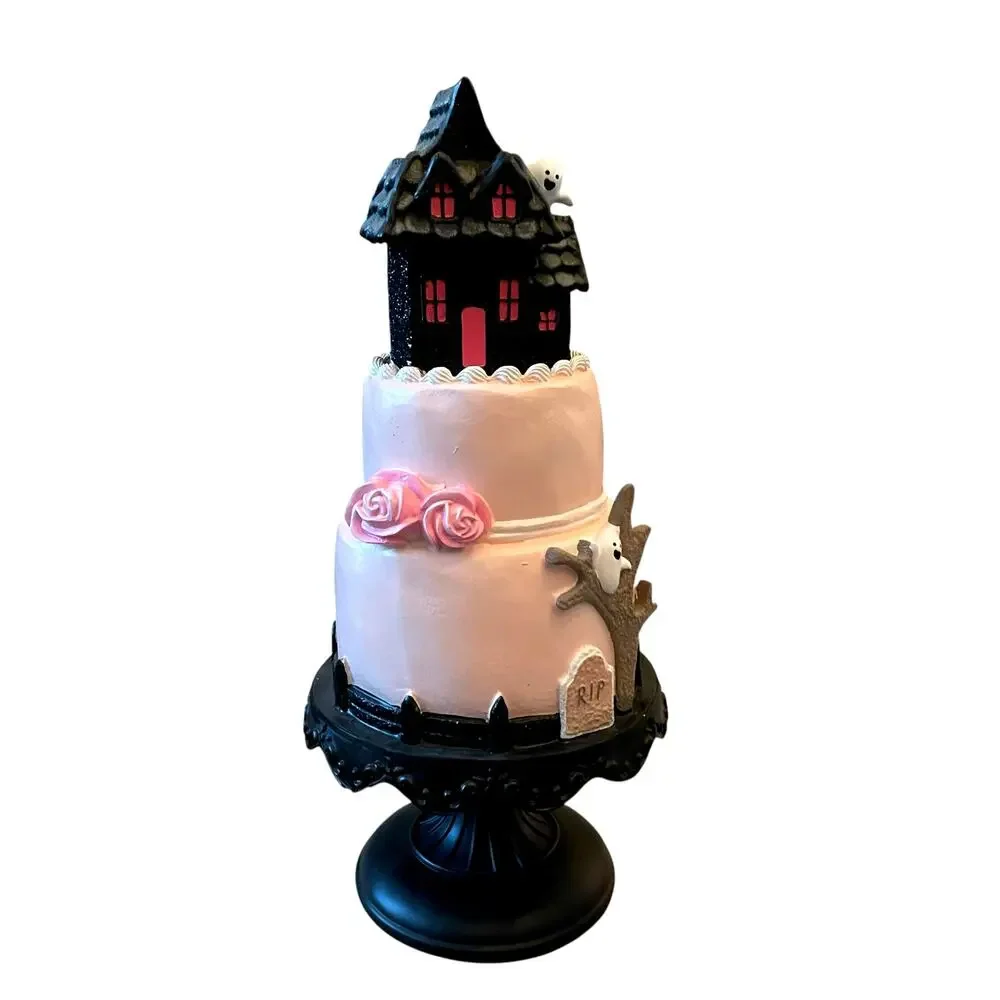 Viral Pink & Black Halloween Haunted House Faux Cake 22in Glitter Ghosts NEW